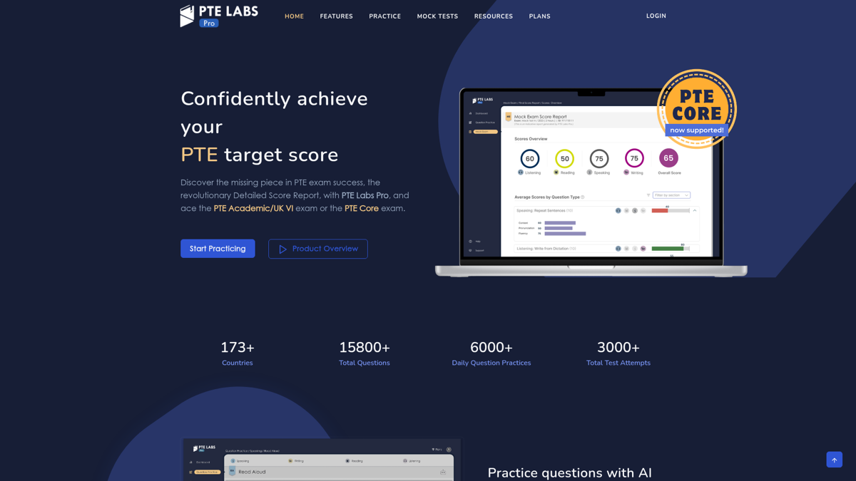 PTE Labs Pro AI scoring platform showing detailed score report